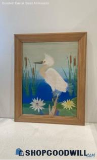 L. Nietz Signed Original Mixed Media Framed Painting Great White Egret