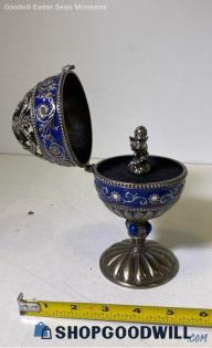 Silver Tone Cherubim Angel Royal Blue Jane Seymour Egg Music Box