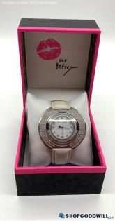 Women's Betsey Johnson Crystal Bezel Leather Band Watch