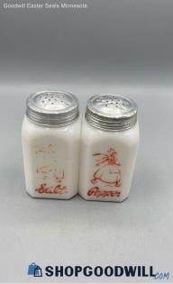 2PC Vintage Unbranded Dutch Skater Milk Glass Metal Lids Salt & Pepper Shakers