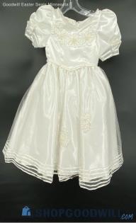 Mary's Girls Ivory Ribbon Pearl Scoop Neck Puff Short Sleeve Formal Dress - Sz 4