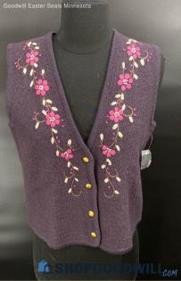 D.R.V.S. Design Resources women's Brown wool vest w/Embroidered Flowers