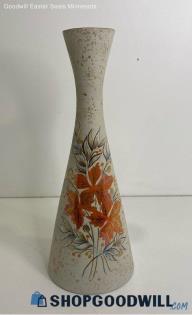 Handmade Signed 'Kathy Hopp' Orange Floral Speckled 12" Vase