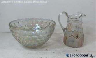 2pc Glass Iridescent Thumbprint Punch Bowl & Floral Design Pitcher