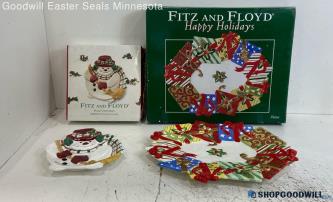 2pc Fitz & Floyd Plaid Snowman Plate & Happy Holidays Serving Platter Set