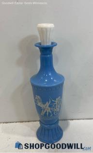 Vintage 1960 Greek Chariots Blue Milk Glass Liquor Decanter Bottle With Stopper