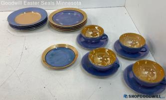 Blue & Gold Ceramic 17 Piece Plates Cups And Saucers Made In Japan