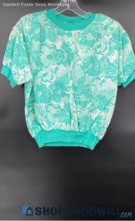 LA Seat Covers Mint Green Floral SS Cotton shirt - Sz M