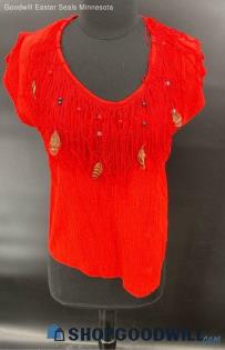 Judy Knapp Red Embellished SS shirt w/Trim/Beads/Feathers - Sz L