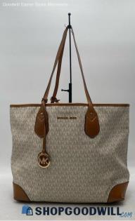 Michael Kors Eva Signature Large Vanilla/Brown Coated Canvas Tote Handbag/Purse