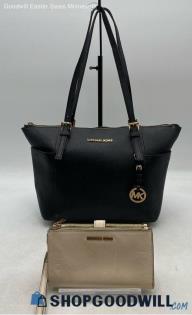 Michael Kors Jet Set Black/Ivory Saffiano Leather Tote Handbag/Purse + Wallet