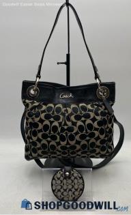 Coach Signature Black/Beige Sateen/Canvas Shoulder Bag/Crossbody Handbag/Purse