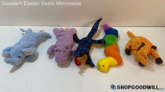 5pc Ty Beanie Babies W/ Elephant, Hippo, Giraffe, Lizard, And Inchworm