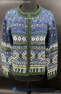 Langents Women's Blue/Green Wool Blend zip front sweater - Sz L