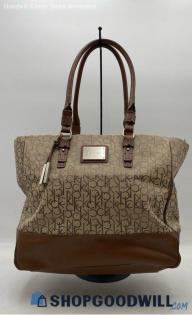 Calvin Klein Khaki/Brown Jacquard/Leather City Shopper Tote Bag Handbag/Purse