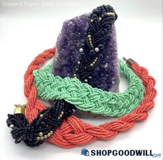 Pink, Black and Green Chunky Multi-Strand Seed Bead Necklaces (3)