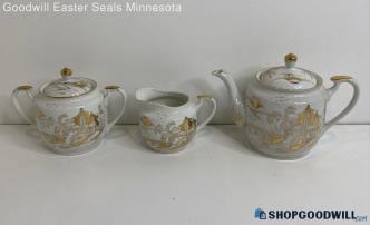 Kutani White W/ Gold Accents Porcelain Covered Sugar Bowl, Creamer + Tea Pot