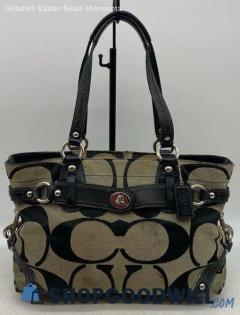 Coach Signature Prairie Black Beige Shoulder Bag Womens Jacquard Canvas