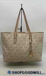 Michael Kors Monogram Jet Set Ivory Beige Tote Womens Coated Canvas