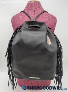 Victoria's Secret Black Leather/ Fringe Drawstring Backpack Handbag Purse