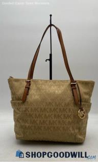 Michael Kors Signature Jet Set Beige/Gold Jacquard Canvas Tote Handbag/Purse