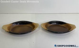 Pottery Craft 2pc Brown Stoneware Ribbed Oval Dish Set