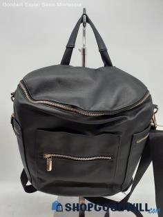 Miss Fong Black Faux Leather Diaper Backpack Crossbody Handbag Purse