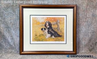 "English Springer And Pup" Robert Abbett Sign Nature Dog Landscape Print Framed