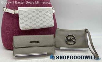 Lot of 3 Michael Kors Gray White Wallet Belt Bag Wriselts Coated Canvas Leather