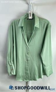 Zara Women's Sage Green Satin Textured Button Up Long Sleeve Shirt - Sz M