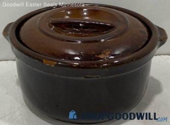 Vintage Brown Stoneware Pottery Covered Casserole Dish Usa 8"