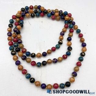 Vintage 52 1/2" Long Colorful Painted Gold Swirl Bead Necklace