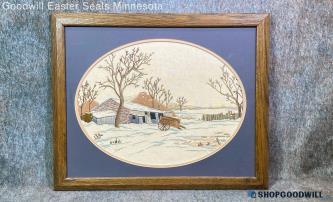 "Winter's Solitude" Bucilla Stitcher Vtg Doris S. Signed Cabin Crewel Framed Art