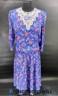 Women's VTG (90's) Purple/blue Poly dress w/lace collar by KR of NY- Sz 11/12