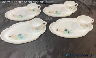 Vintage 8pc Tea & Dessert Flowers Design Glass Plate Tea & Coffee Cups + Plates