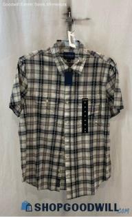 NWT Lucky Brand Men's Black/Gray Plaid Short Sleeve Button Up Shirt - Sz M