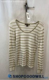 Tommy Bahama Women's White/Beige Striped Loose Eyelet Knit Long Sleeve Shirt