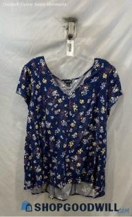 Torrid Women's Blue/Yellow Floral Patterned V Neck T-shirt - Sz 2