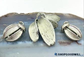 Vintage LISNER Brushed Silver-Tone Leaf Brooch and Earrings