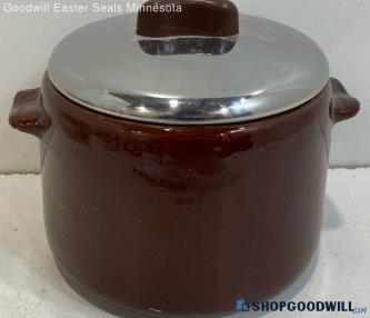 West Bend Pottery Bean Crock W/metal Lid Brown Glaze Casserole Dish 6" 1960's