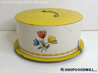 Vintage Decoware Metal Tin Yellow Floral Covered Round Cake Carrier