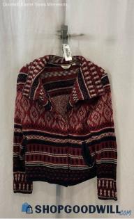 Lucky Brand Women's Red/Black Patterned Cowl Neck Zip Up Sweater - Sz L