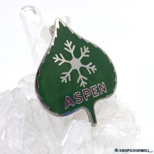 Vintage Green Enamel ASPEN Ski Resort Leaf Brooch/Pin