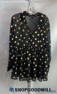 Lane Bryant Women's Black/Gold Polkadot Sheer Blouse - Sz 18