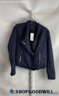 NWT BLANKNYC Women's Navy Spring Tweed Full Zip Flap Moto Jacket - Sz S