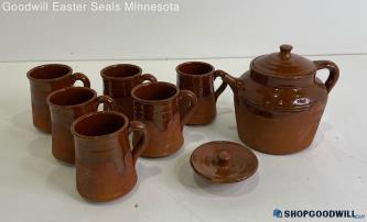 Lot Of 9pc Pottery Brown Glazed Cups & Pitcher