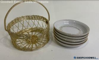 Lefton Hand-Painted 2904 Gold Tone Accents Coasters W/ Wire Caddy