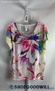 Chico's Women's White/Multicolored Graphic Pattern Henley V-Neck T-shirt - Sz L