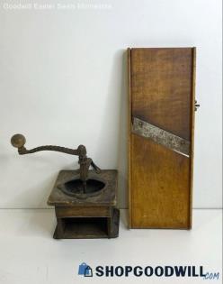 Vintage Wooden Coffee Grinder & Bladed Slicer Mandolin