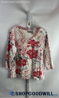 Chico's Women's White/Pink Floral Blouse - Sz M